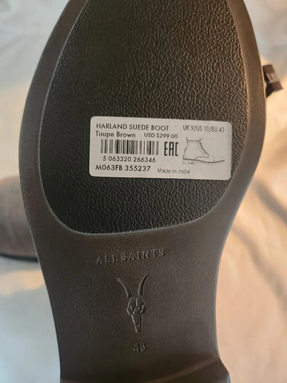 AllSaints Harland Suede Cap Toe Boots - Taupe / Brown - Mens EU 43 / US 10 NEW